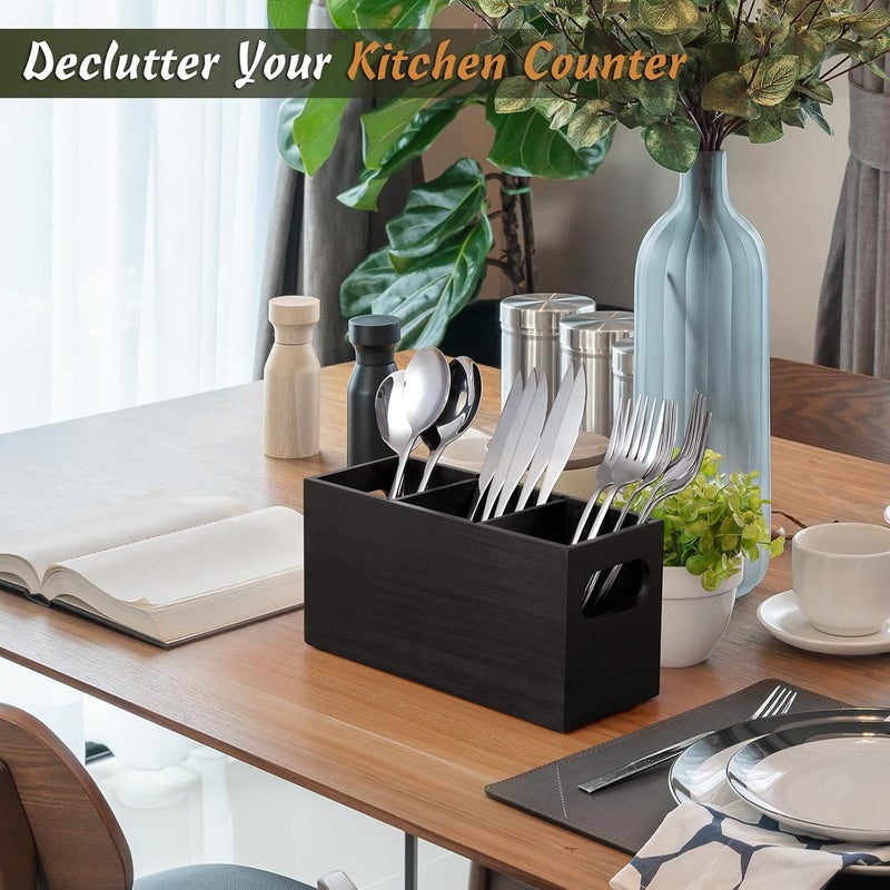 DRASTAR Silverware Holder, Wooden Utensil Caddy, Silverware Organizer Countertop, Cutlery Holder for Party, Fork Spoon Knife Organizer，Black - Image 5